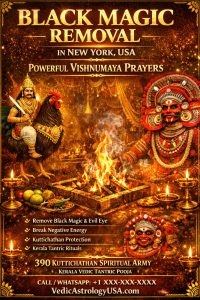 Black magic removal in New York USA Vishnumaya Swamy prayers Kerala Vedic tantric pooja fire ritual spiritual protection Kuttichathan energy cleansing VedicAstrologyUSA